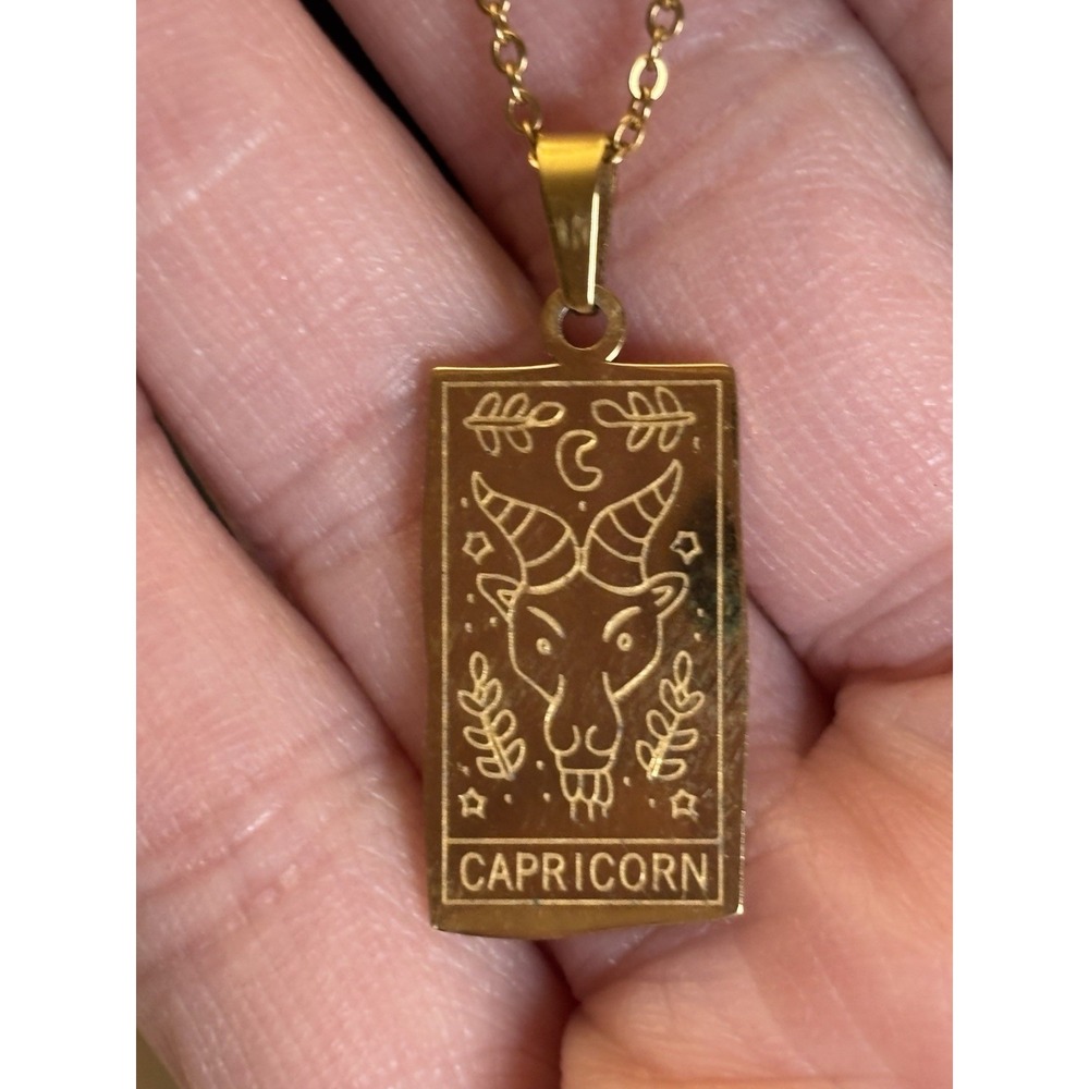Capricorn Zodiac Necklace 18" Gold Tone Double Sided Celestial Tarot Pendant